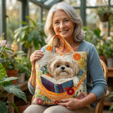Bolsa artesanal - Shih Tzu com livros e flores