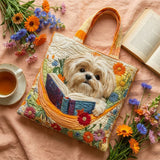 Bolsa artesanal - Shih Tzu com livros e flores