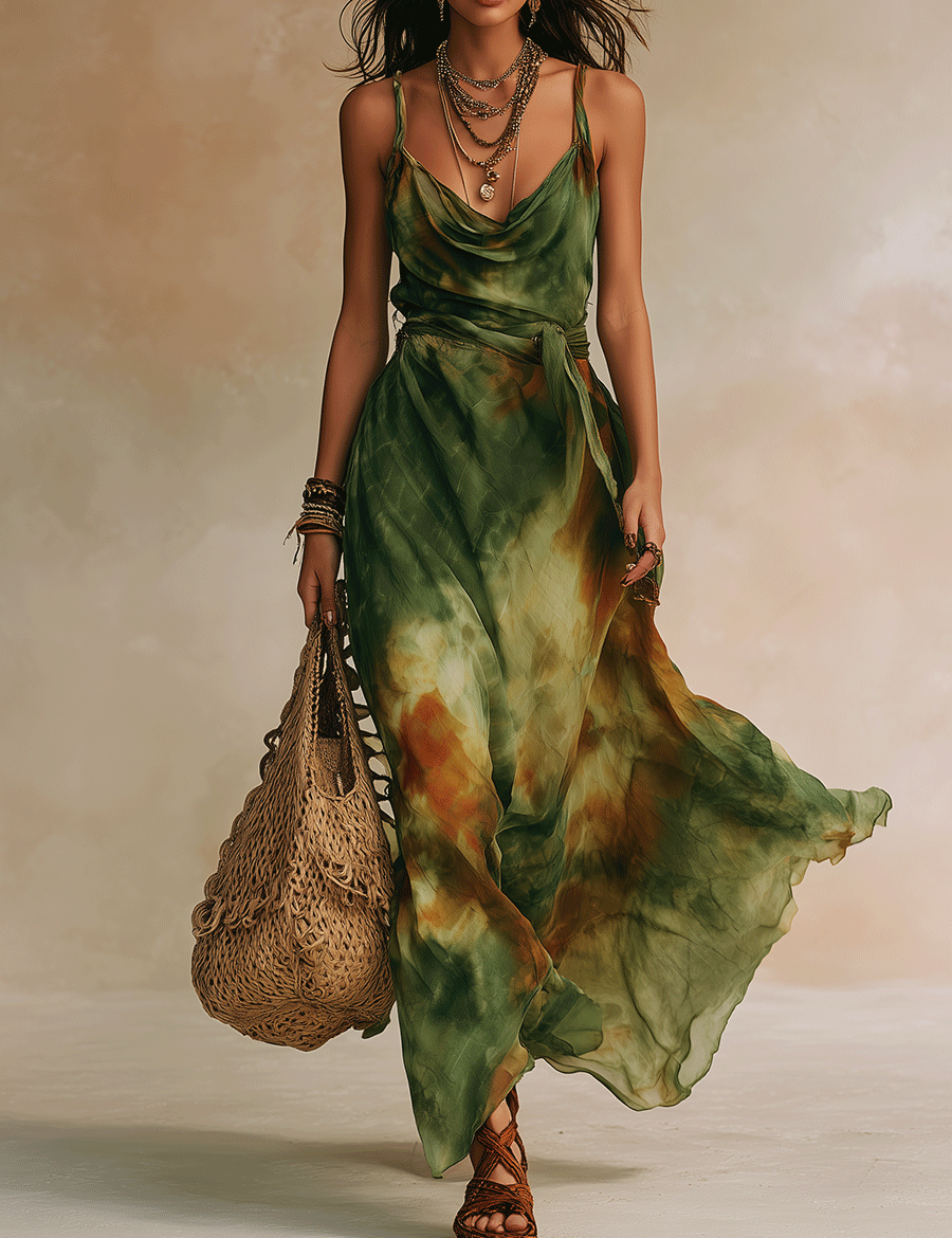 Elvira - Vestido Maxi em Verde Abstrato