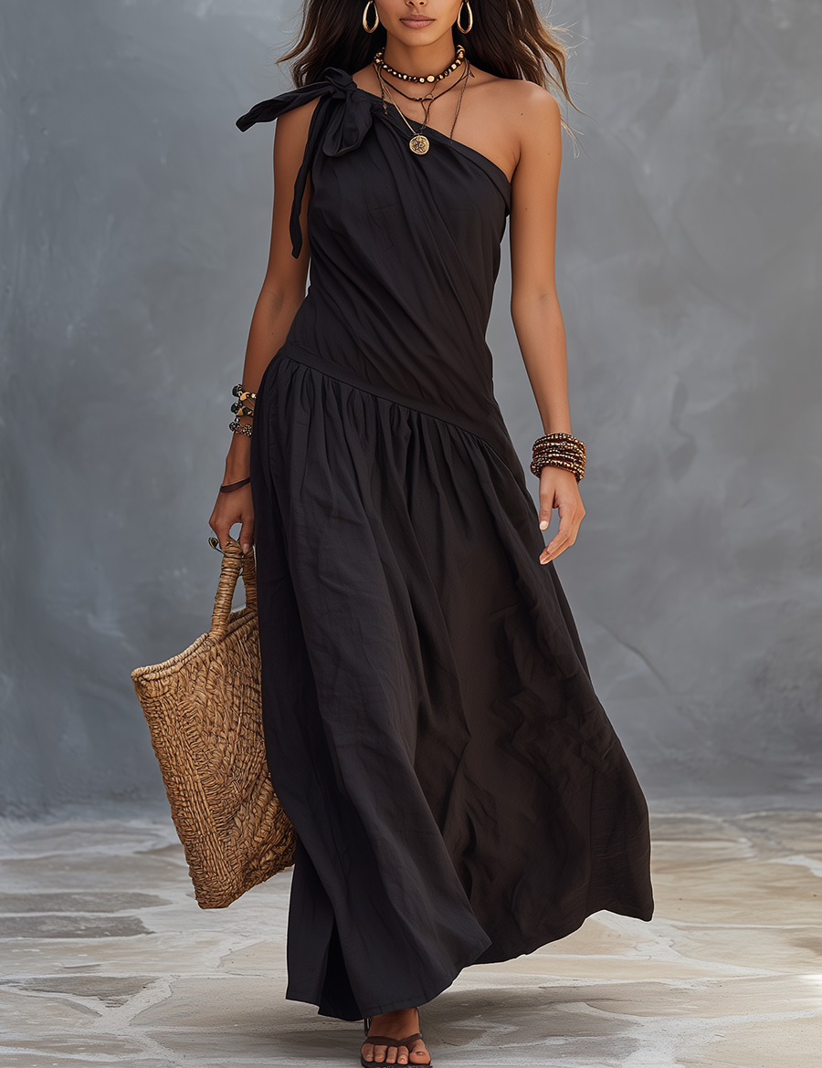 Salomé - Vestido maxi de um ombro preto