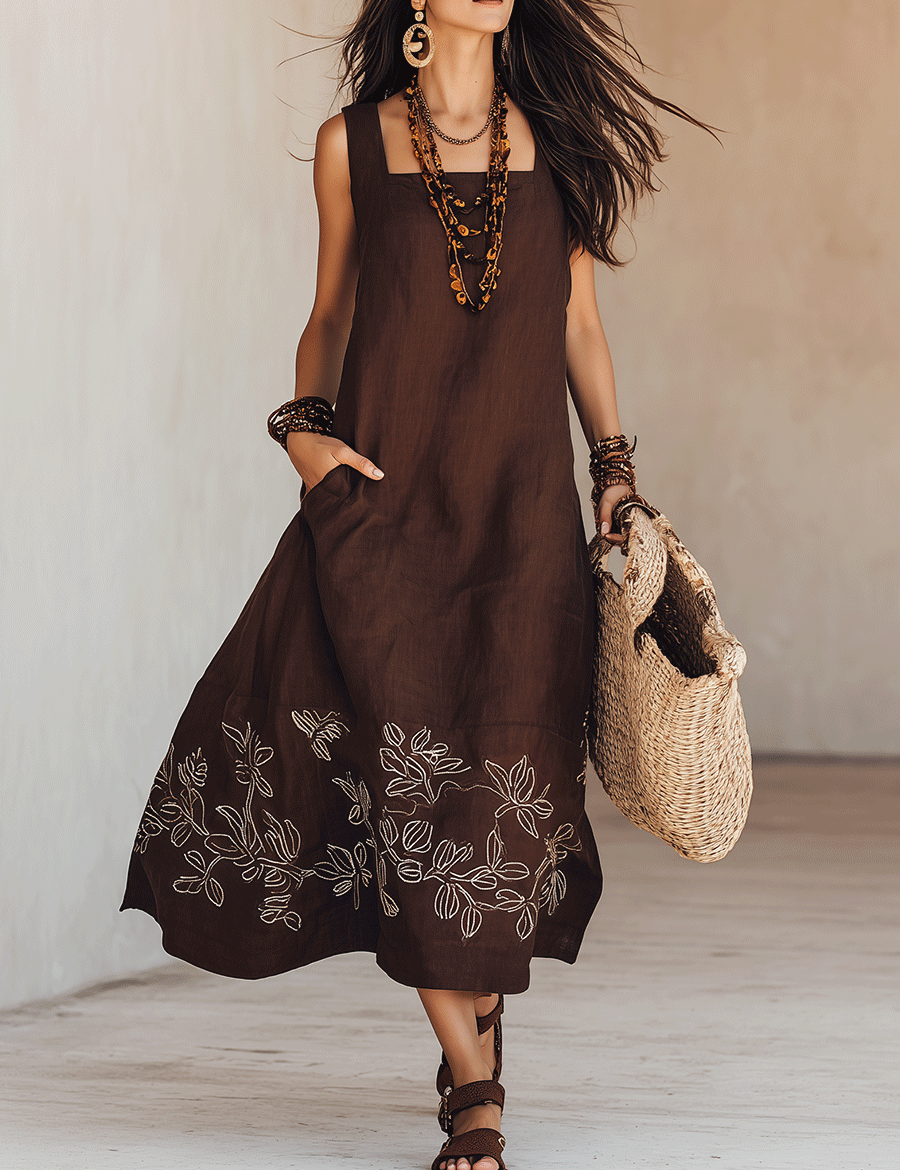 Noemia - Vestido midi de linho com bordados em estilo boho