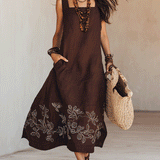 Noemia - Vestido midi de linho com bordados em estilo boho