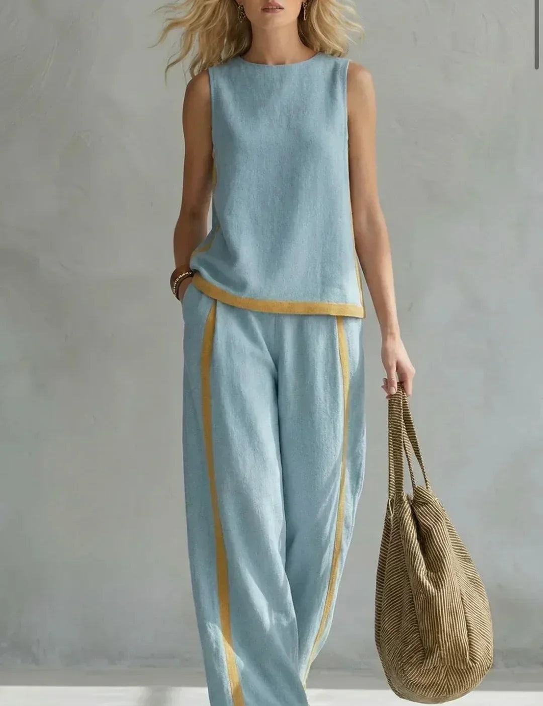 Ursula – Conjunto de colete e calças em estilo chic informal com acabamentos bicolores