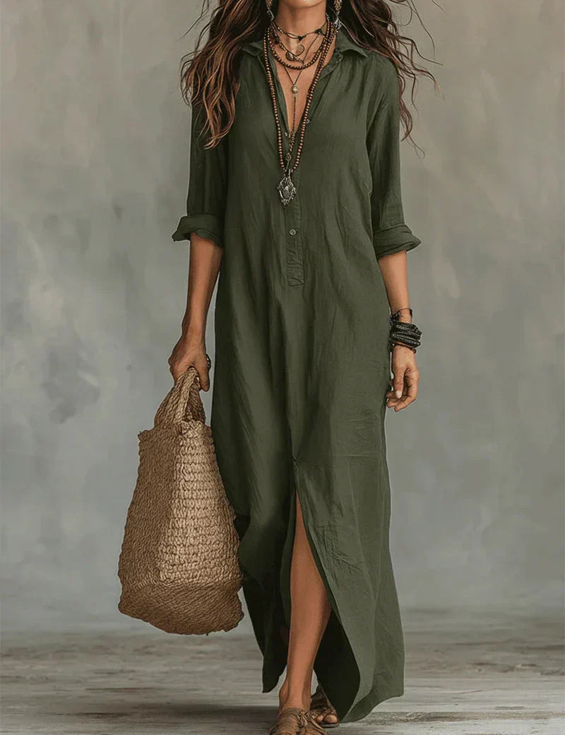 Céline™ | Vestido Maxi Preto com Botão