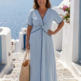 Ofélia | Vestido midi com decote em V e mangas curtas torcidas