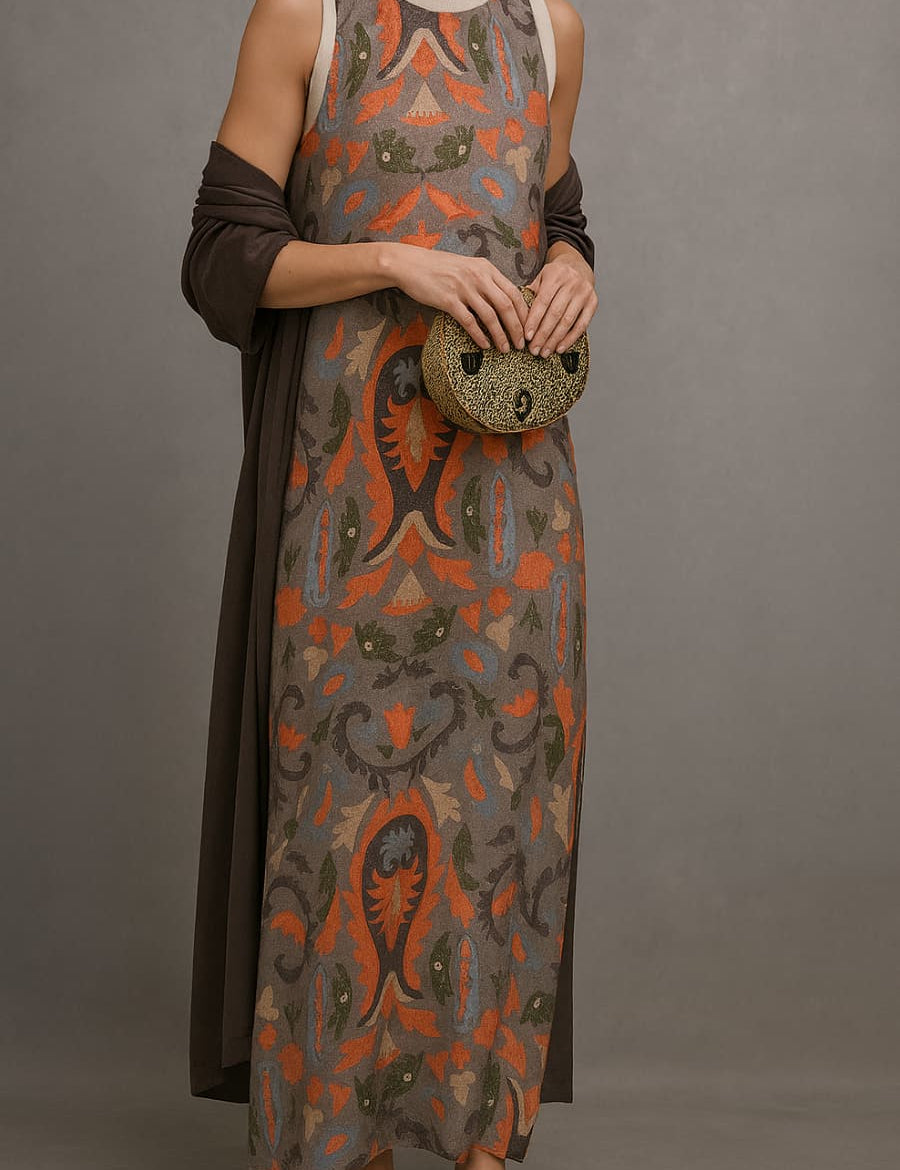 Elina | Conjunto com vestido longo estampado e cardigan adequado