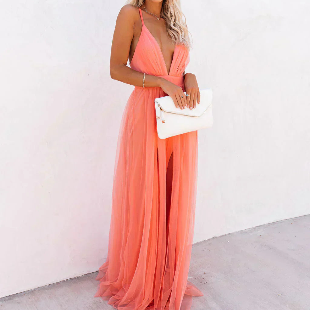 MARTA | Vestido maxi em cor de coral