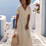 Âmbar | Vestido midi com decote em carteira e mangas curtas