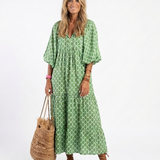 Céline | Vestido midi com padrões, mangas três quartos e decote em V