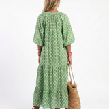 Céline | Vestido midi com padrões, mangas três quartos e decote em V