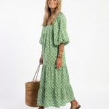 Céline | Vestido midi com padrões, mangas três quartos e decote em V