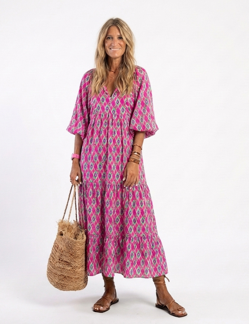 Céline | Vestido midi com padrões, mangas três quartos e decote em V