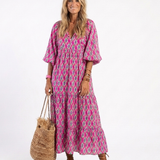 Céline | Vestido midi com padrões, mangas três quartos e decote em V