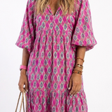 Céline | Vestido midi com padrões, mangas três quartos e decote em V