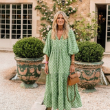 Céline | Vestido midi com padrões, mangas três quartos e decote em V