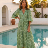 Céline | Vestido midi com padrões, mangas três quartos e decote em V