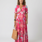 Juliet | Vestido midi com flores, mangas curtas e decote em V