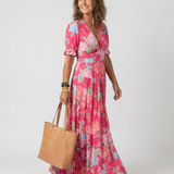 Juliet | Vestido midi com flores, mangas curtas e decote em V