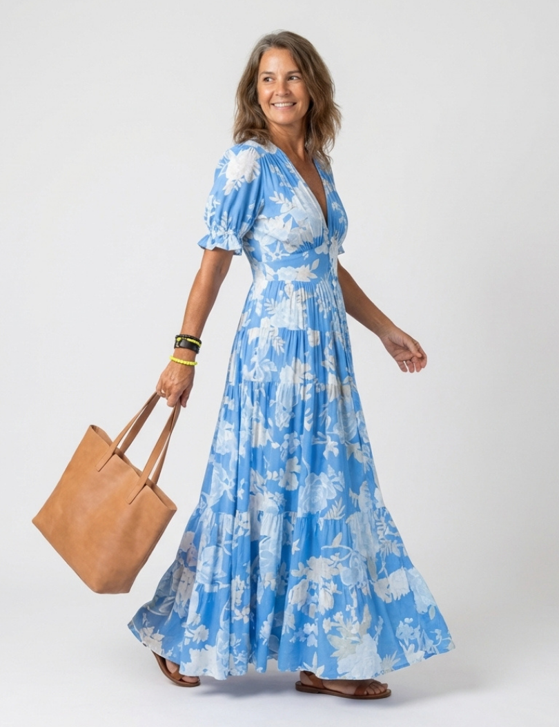 Juliet | Vestido midi com flores, mangas curtas e decote em V