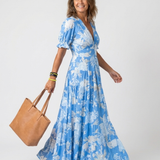 Juliet | Vestido midi com flores, mangas curtas e decote em V