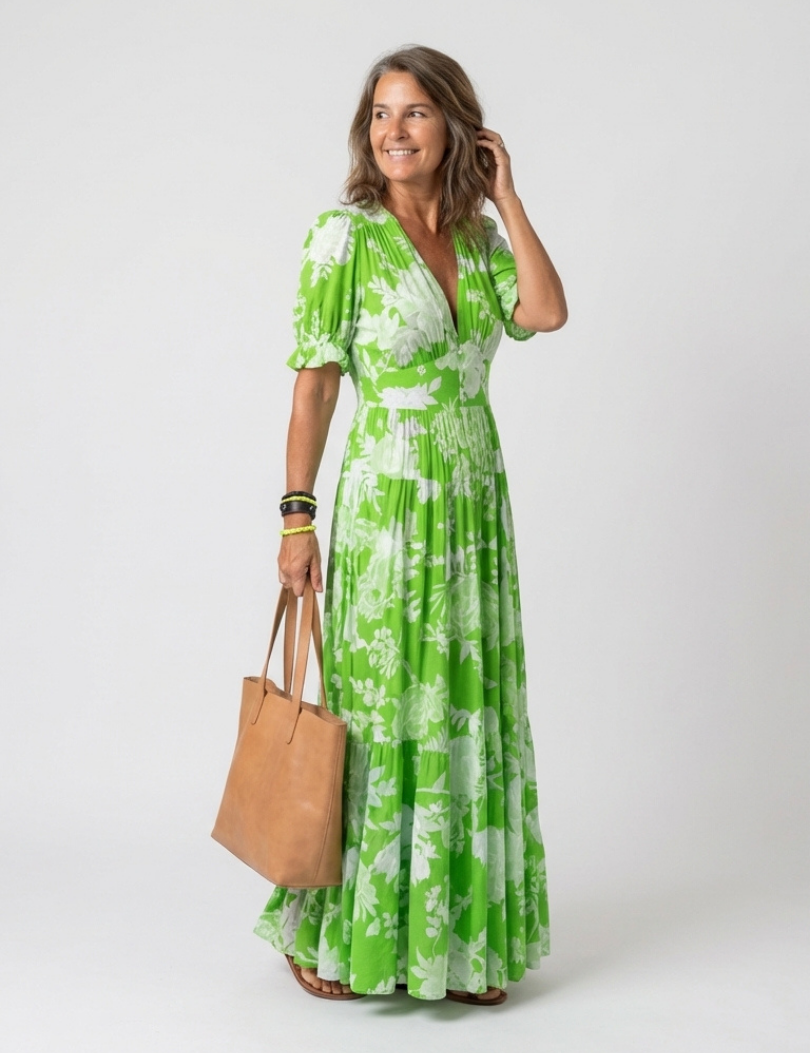 Juliet | Vestido midi com flores, mangas curtas e decote em V