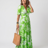 Juliet | Vestido midi com flores, mangas curtas e decote em V