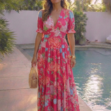 Juliet | Vestido midi com flores, mangas curtas e decote em V