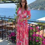 Juliet | Vestido midi com flores, mangas curtas e decote em V