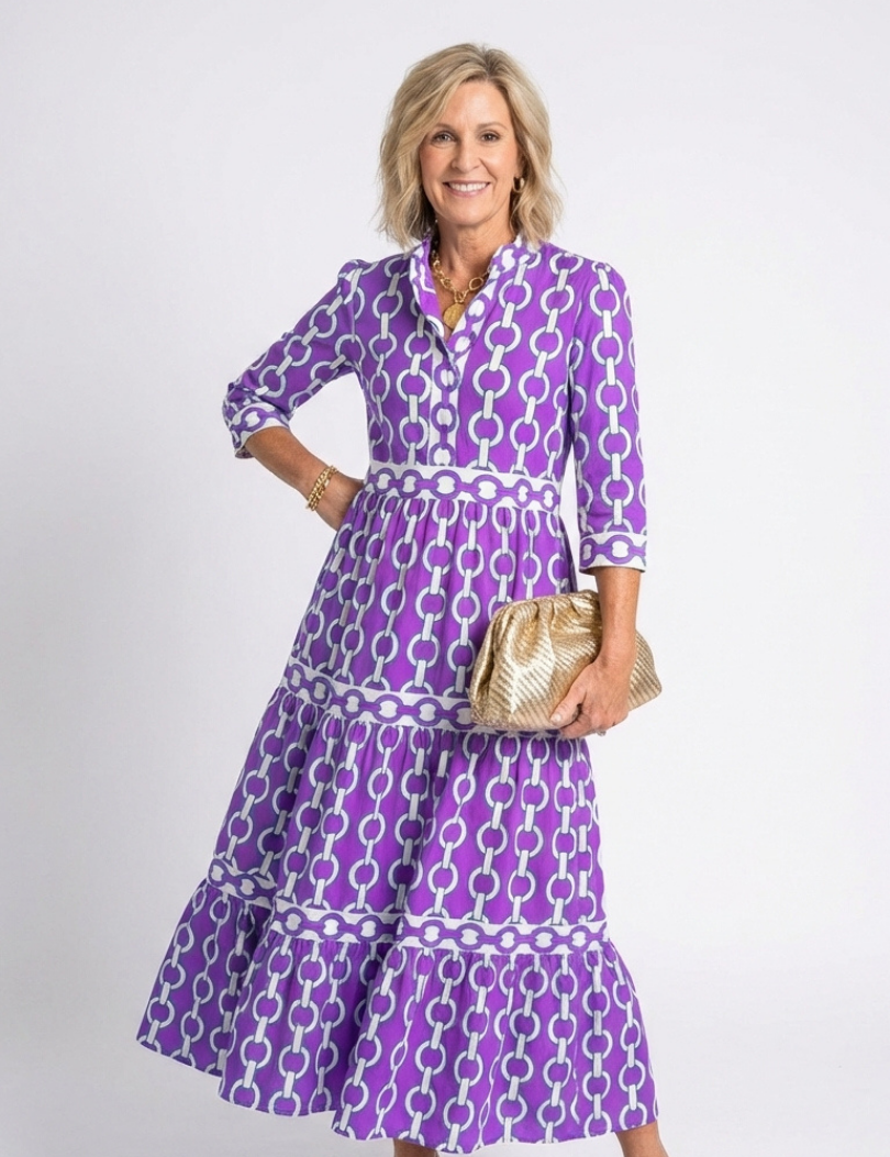 Polin | Vestido midi com mangas três quartos e padrão de corrente
