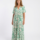 Lúcia | Vestido midi com flores, mangas curtas e decote em V