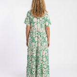 Lúcia | Vestido midi com flores, mangas curtas e decote em V
