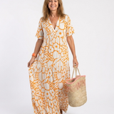 Lúcia | Vestido midi com flores, mangas curtas e decote em V