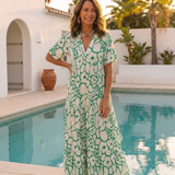 Lúcia | Vestido midi com flores, mangas curtas e decote em V