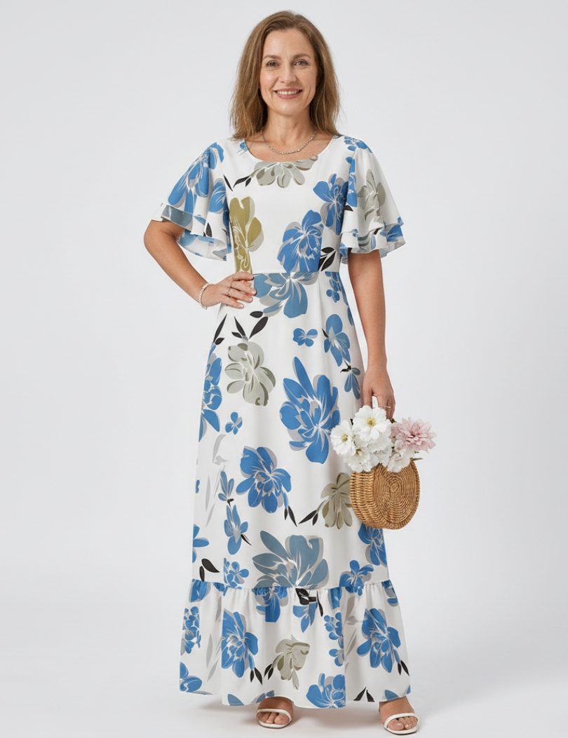 Natali | Vestido maxi com mangas curtas e decote redondo