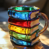 Copo artístico 3D colorido com motivos de livros
