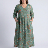 Valeri | Vestido maxi com padrão floral, decote em V e mangas três quartos