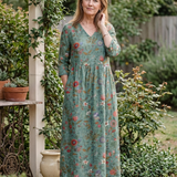 Valeri | Vestido maxi com padrão floral, decote em V e mangas três quartos