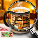 Termo cerâmico mágico com motivo de prateleira de biblioteca