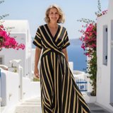 Élisa | Vestido midi riscado com decote em V e mangas curtas
