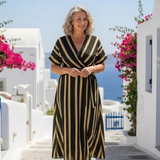 Élisa | Vestido midi riscado com decote em V e mangas curtas