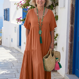 Ivone | Maxi vestido em azul com mangas curtas e volantes