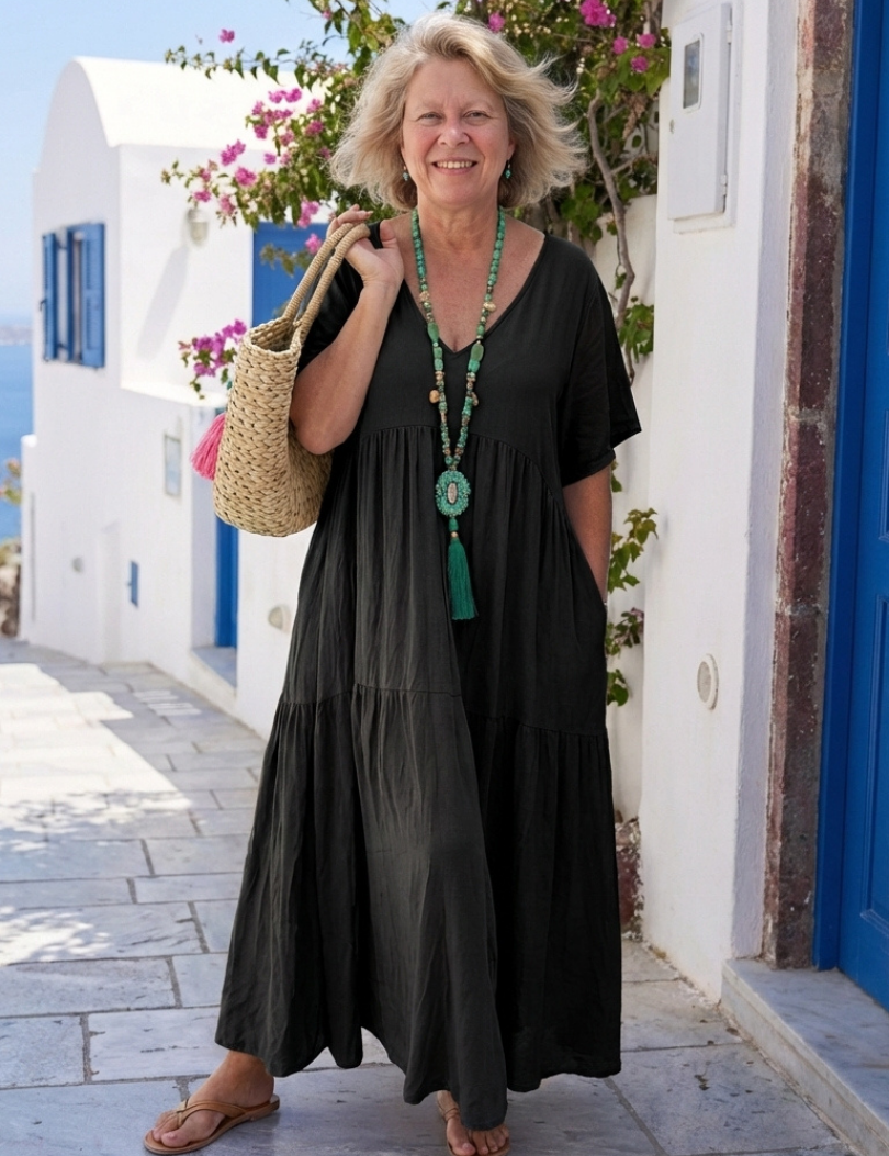 Ivone | Maxi vestido em azul com mangas curtas e volantes