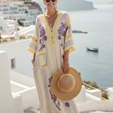 Íris | Vestido maxi com riscas coloridas, decote em V e mangas 3/4