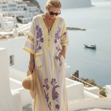 Íris | Vestido maxi com riscas coloridas, decote em V e mangas 3/4