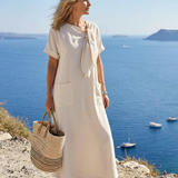Amelin | Vestido maxi com decote redondo e mangas curtas com bolsos