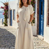 Amelin | Vestido maxi com decote redondo e mangas curtas com bolsos