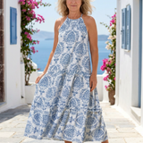 Emily | Vestido midi sem mangas com gola alta e volantes