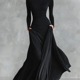 Noemi | Vestido longo preto com decote barco e elegante franzido