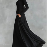 Noemi | Vestido longo preto com decote barco e elegante franzido