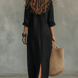 Céline™ | Vestido Maxi Preto com Botão